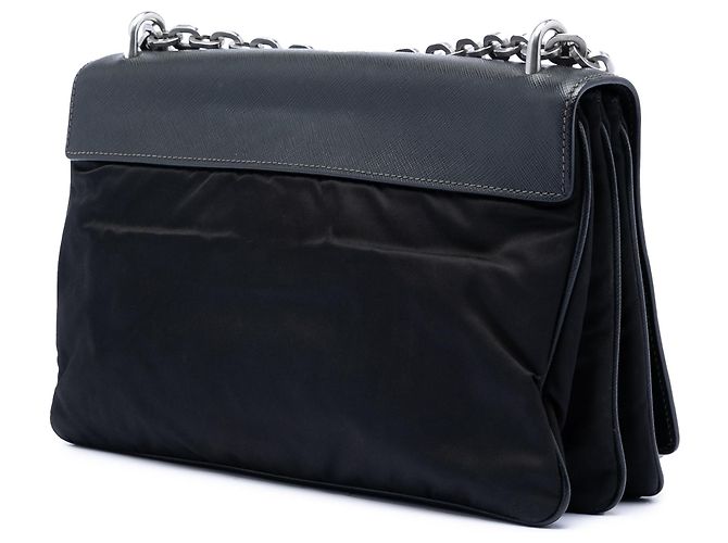 Borsa a tracolla con catena Black Prada Saffiano Lux e Tessuto Nero - vista 2