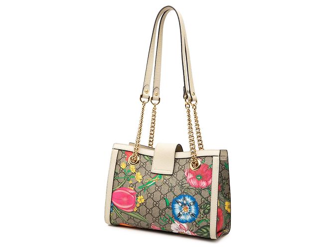 Padlock Tote Gucci Small GG Supreme Flora con lucchetto beige - vista 2