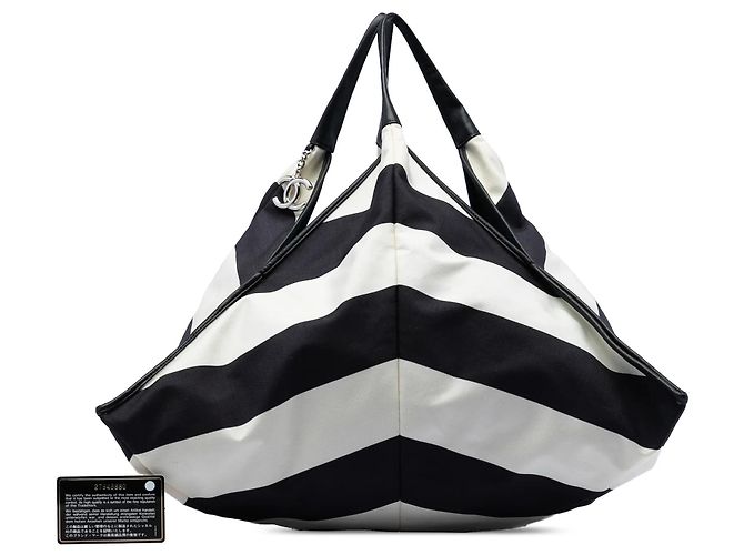Tote a righe in tela Chanel CC nero - vista 8