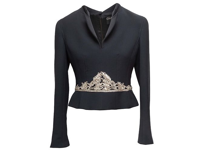 Vintage Black Chanel Embellished Wool Blazer Top Size FR 42 - view 2