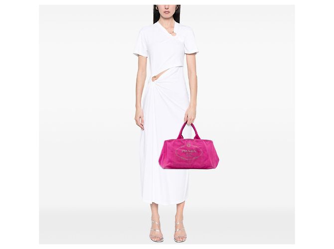 Borsa Tote e Satchel in tela Canapa rosa con logo Prada - vista 6