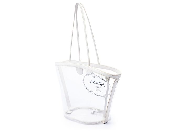 Borsa Tote Shopper Prada in PVC Canapa bianco con logo - vista 2