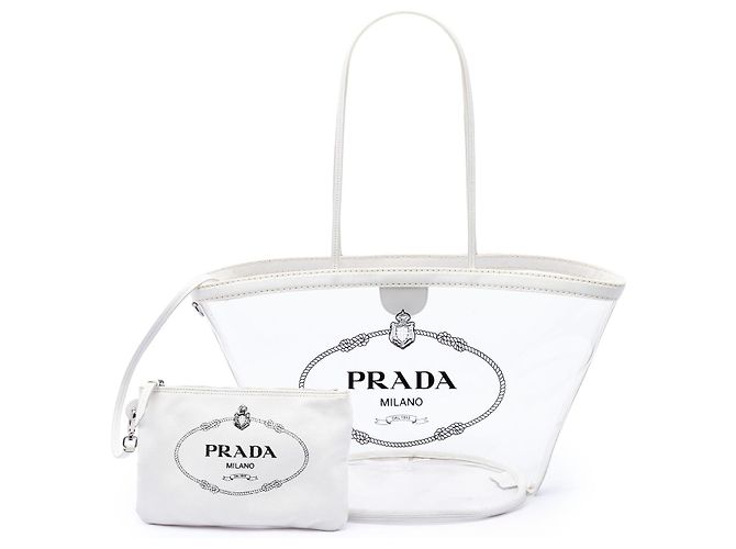Borsa Tote Shopper Prada in PVC Canapa bianco con logo - vista 7