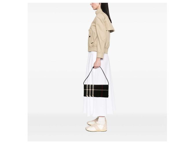 Borsa a tracolla in lana con frange Burberry Exploded Check nera Nero - vista 6