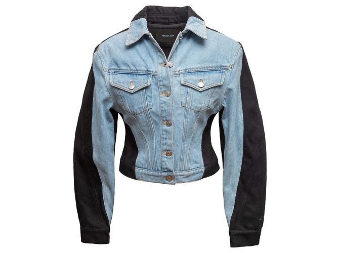 Thierry Mugler Jeansjacke aus Bio-Baumwolle mit Color-Blocking in Hellblau und Schwarz Größe FR 38 - Ansicht 2