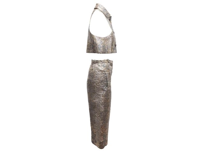 Vintage Silber & Gold Jeanne Lanvin Metallic Jacquard Oberteil & Hose Set Größe US S - Ansicht 2