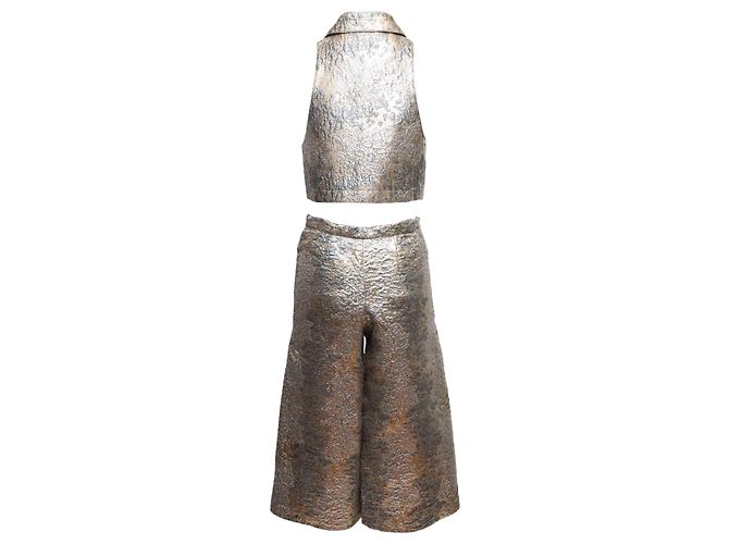 Vintage Silber & Gold Jeanne Lanvin Metallic Jacquard Oberteil & Hose Set Größe US S - Ansicht 3