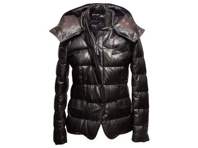 Chaqueta acolchada con capucha de cuero negro Tom Ford Talla IT 40 - vista 2