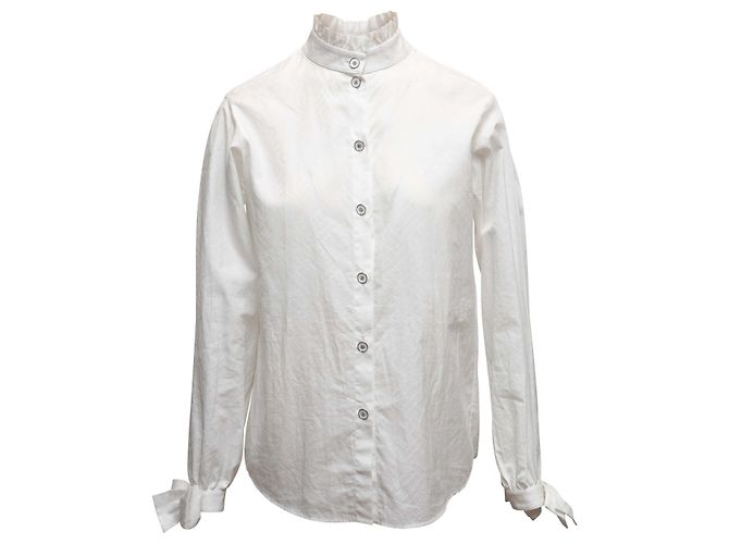 Top blanco Chanel de manga larga con lazo en el cuello y abotonado Talla FR 36 - vista 2