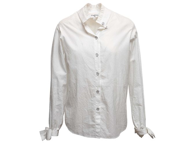 Top blanco Chanel de manga larga con lazo en el cuello y abotonado Talla FR 36 - vista 3