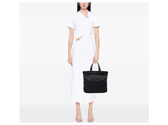 Borsa Tote Convertible Prada Saffiano Trimmed Tessuto Nera Nero - vista 6