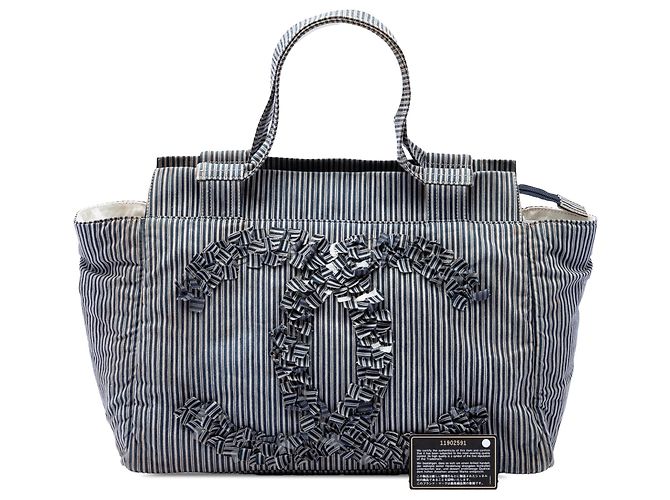 Borsa Shopper Chanel CC in tela a righe blu - vista 7