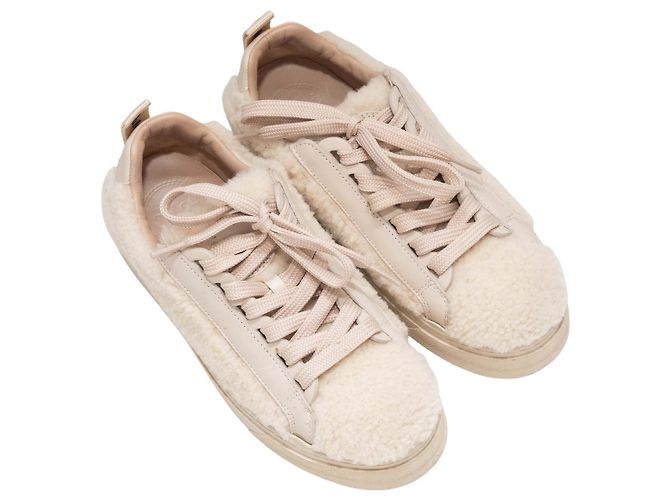 Chloé Low-Top-Sneaker aus Leder und Shearling in Creme Chloe Größe 36 Beige - Ansicht 2