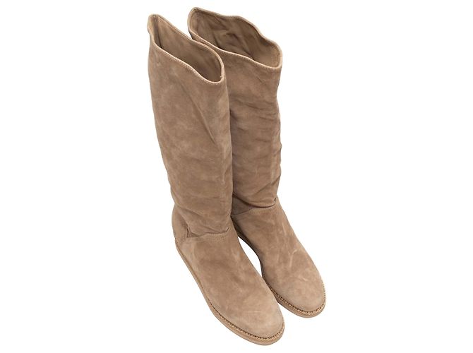 Tan Chanel Suede Knee-High Wedge Boots Size 38.5 Camel - view 2