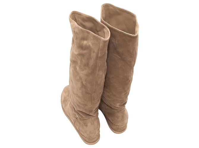 Tan Chanel Suede Knee-High Wedge Boots Size 38.5 Camel - view 3