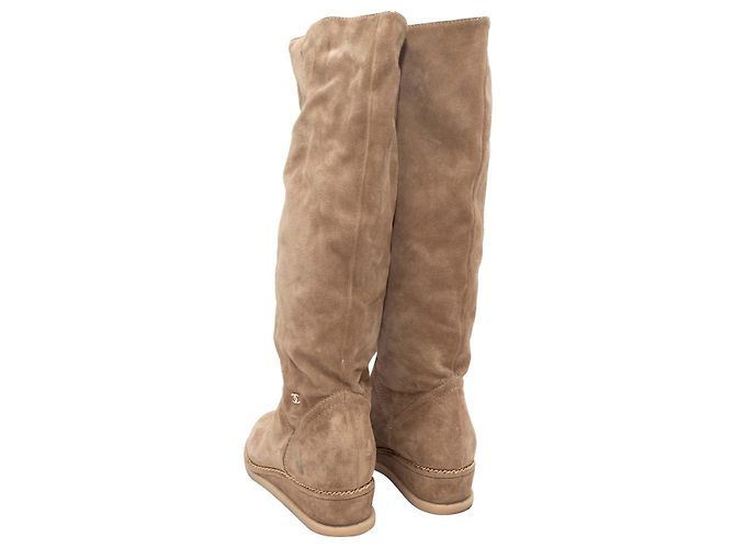 Tan Chanel Suede Knee-High Wedge Boots Size 38.5 Camel - view 4