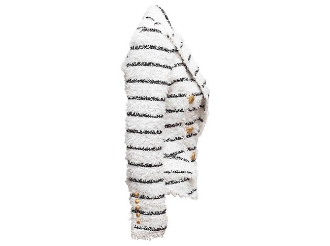 White & Black Balmain Striped Textured Double-Breasted Blazer Size FR 34 - view 2