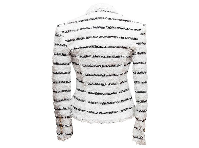 White & Black Balmain Striped Textured Double-Breasted Blazer Size FR 34 - view 3