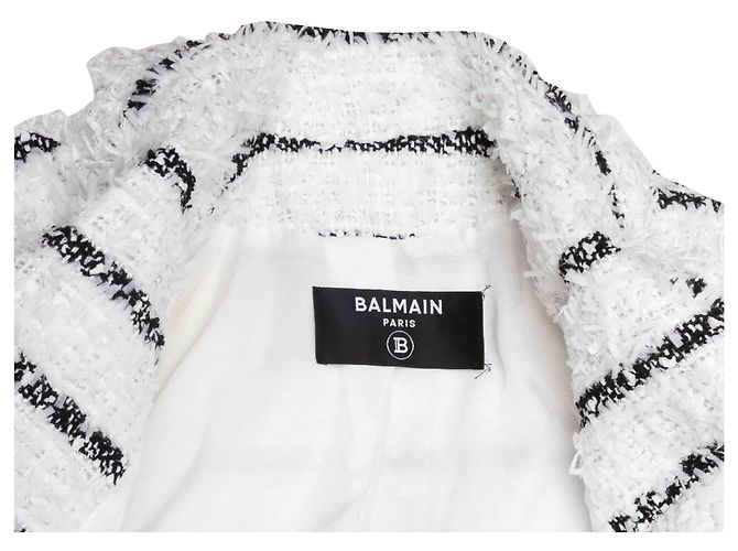 White & Black Balmain Striped Textured Double-Breasted Blazer Size FR 34 - view 4