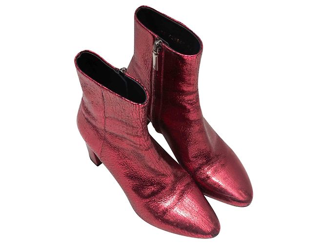 Red Saint Laurent Metallic Leather Pointed-Toe Ankle Boots Size 36 - view 2