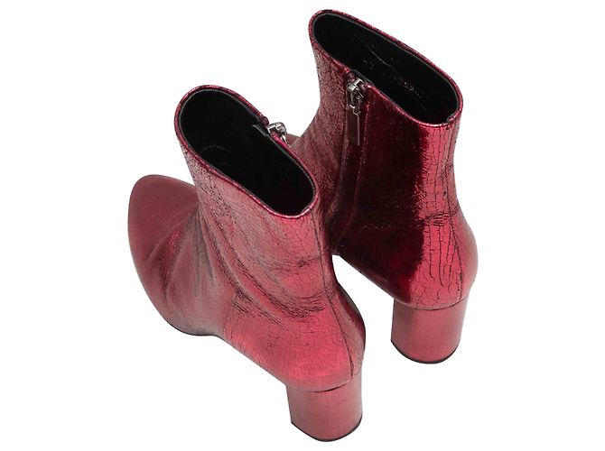 Red Saint Laurent Metallic Leather Pointed-Toe Ankle Boots Size 36 - view 3