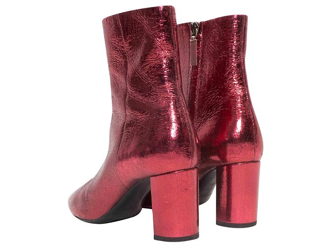 Red Saint Laurent Metallic Leather Pointed-Toe Ankle Boots Size 36 - view 4