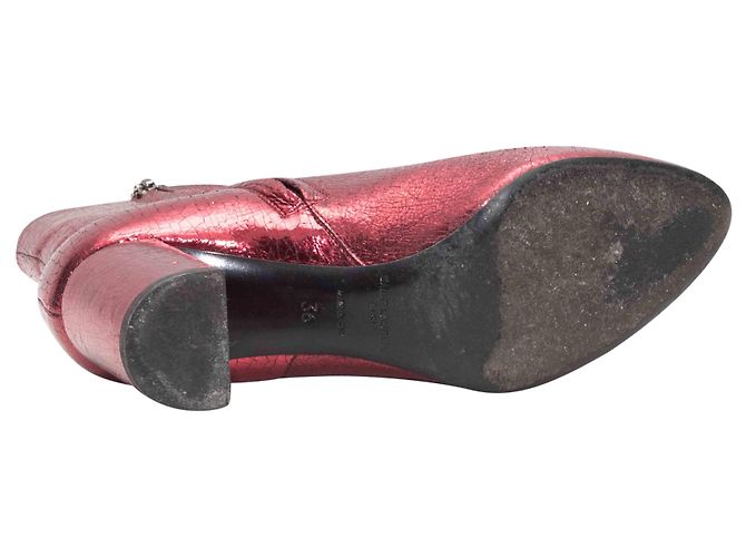 Red Saint Laurent Metallic Leather Pointed-Toe Ankle Boots Size 36 - view 5