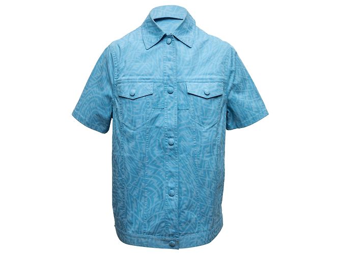 Camicia a maniche corte in nylon blu Fendi con stampa Zucca e bottoni Size IT 36 - vista 2