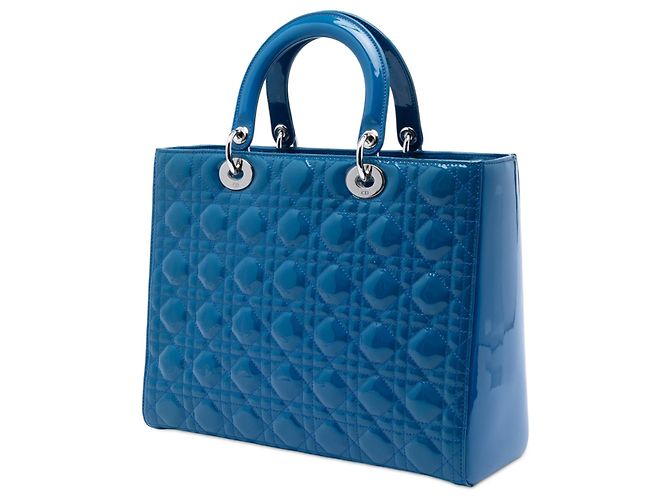 Borsa Lady Dior Large in vernice cannage blu - vista 2