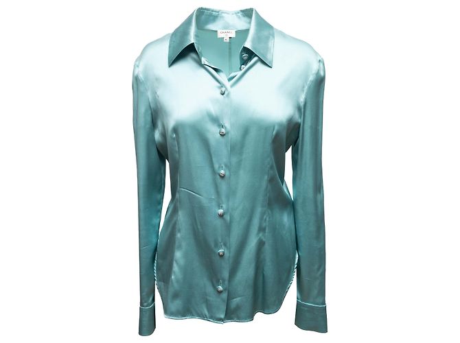 Designers Remix Blusa de seda de manga larga con botones Aqua Chanel Talla FR 40 - vista 2