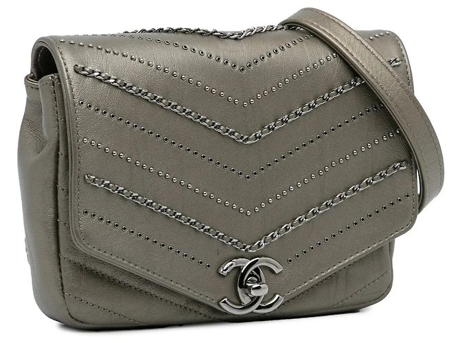 Gray Chanel Mini Embellished Calfskin Chevron Square Envelop Flap Crossbody Bag Grey - view 2