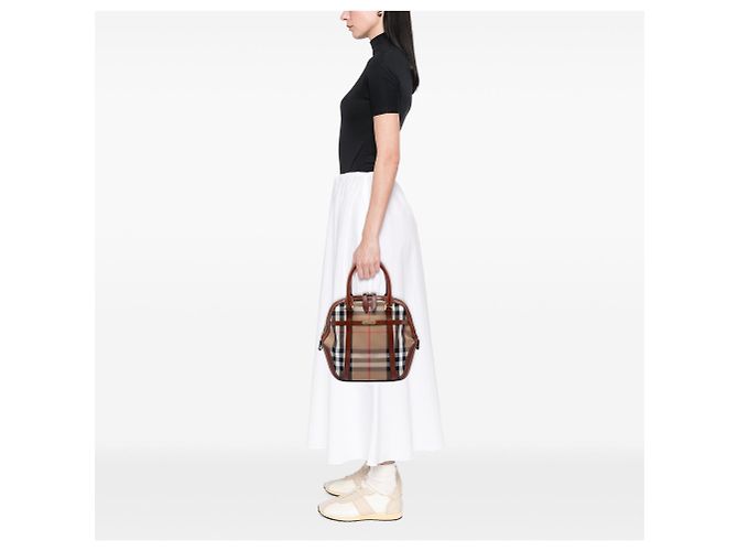 Borsa Burberry Medium House Check Canvas Bridle Orchard marrone - vista 6