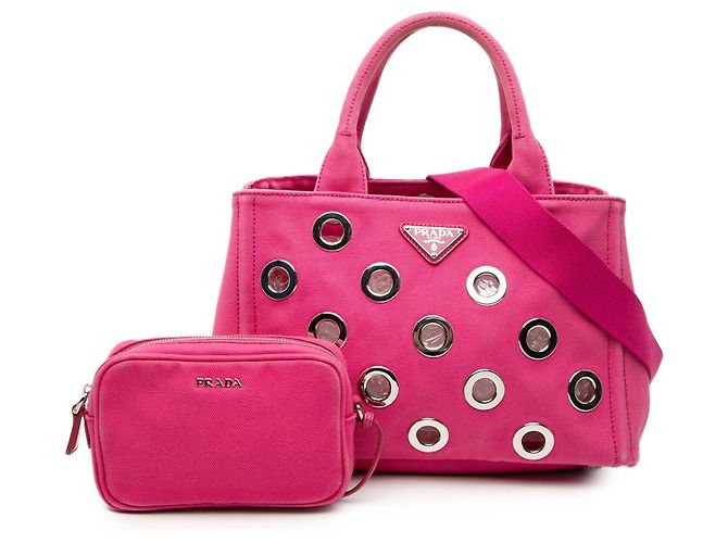 Piccola borsa Prada in tela Canapa rosa con occhielli - vista 7