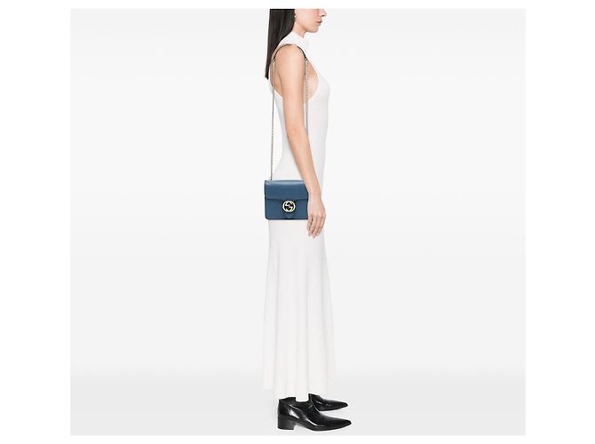 Piccola borsa a tracolla Gucci in pelle di vitello con logo interlocking G blu - vista 7