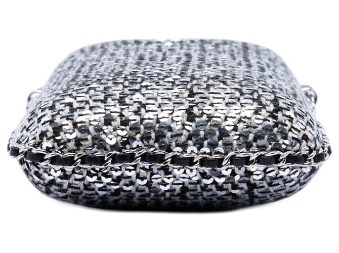 Borsa a tracolla Chanel CC in tweed e paillettes argento con catena per telefono - vista 3