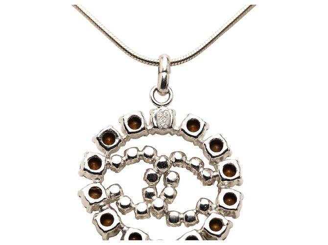 Chanel Silberne CC Messing Strass Anhänger Halskette - Ansicht 3
