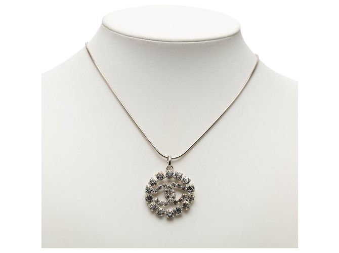 Chanel Silberne CC Messing Strass Anhänger Halskette - Ansicht 5