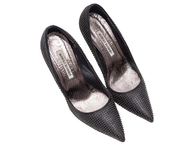 Black & Silver Manolo Blahnik Studded Pointed-Toe Pumps Size 40 - view 2