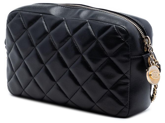 Camera Bolsa tiracolo Chanel CC em pele de cordeiro acolchoada preta com padrão de diamante - vista 2