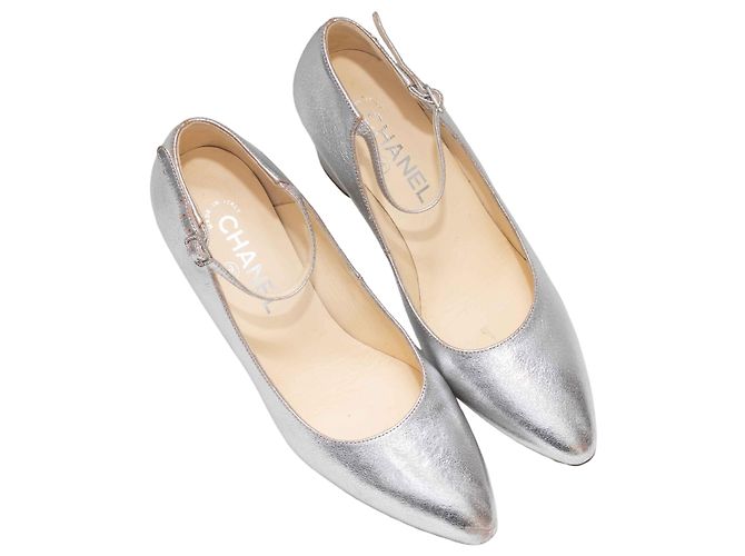 Silver Chanel Pointed-Toe Ankle Strap Pumps Size 38 Silvery - view 2