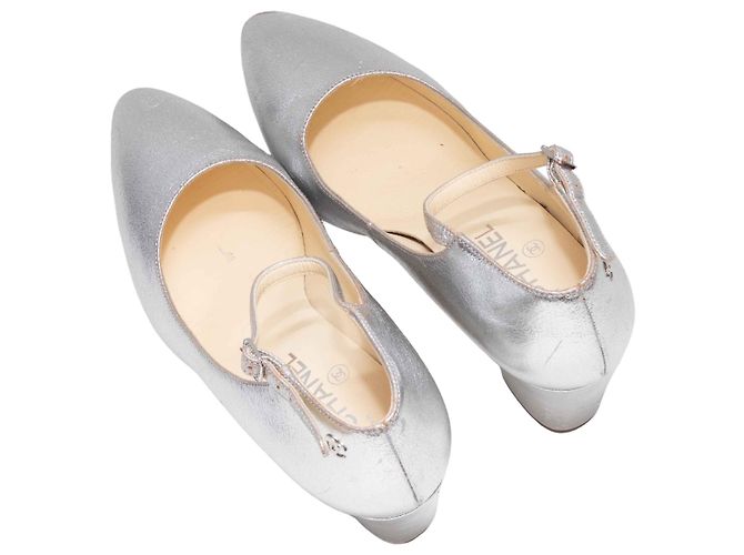 Silver Chanel Pointed-Toe Ankle Strap Pumps Size 38 Silvery - view 3