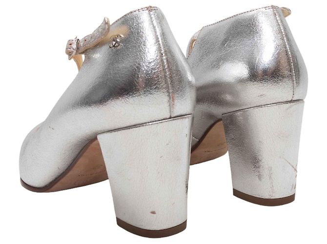 Silver Chanel Pointed-Toe Ankle Strap Pumps Size 38 Silvery - view 4