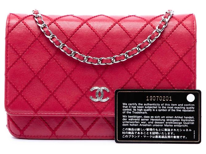 Wallet On Chain Portafoglio con catena e tracolla Chanel CC in agnello rosso con cuciture wild stitch - vista 7
