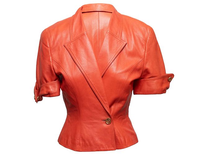 Orangefarbenes Loewe Leder-Set mit Kurzarmblazer und Rock Größe EU 42 - Ansicht 2