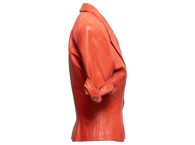 Orangefarbenes Loewe Leder-Set mit Kurzarmblazer und Rock Größe EU 42 - Ansicht 3