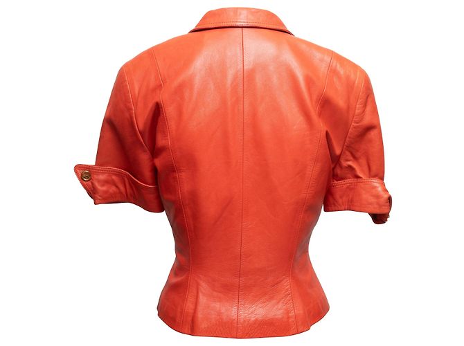 Orangefarbenes Loewe Leder-Set mit Kurzarmblazer und Rock Größe EU 42 - Ansicht 4