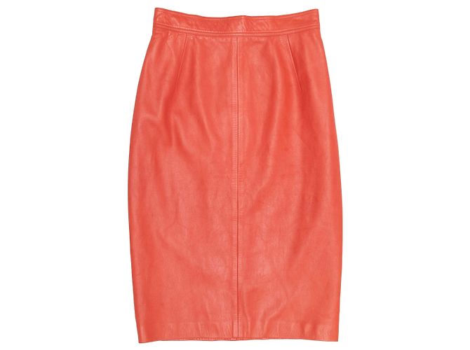 Orangefarbenes Loewe Leder-Set mit Kurzarmblazer und Rock Größe EU 42 - Ansicht 6