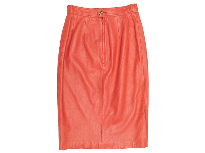 Orangefarbenes Loewe Leder-Set mit Kurzarmblazer und Rock Größe EU 42 - Ansicht 7