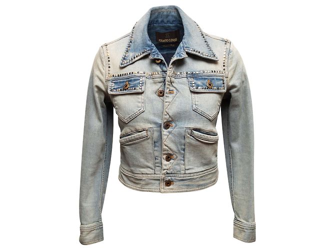 Hellblaue Roberto Cavalli Jeansjacke mit Nieten Größe IT 38 - Ansicht 2