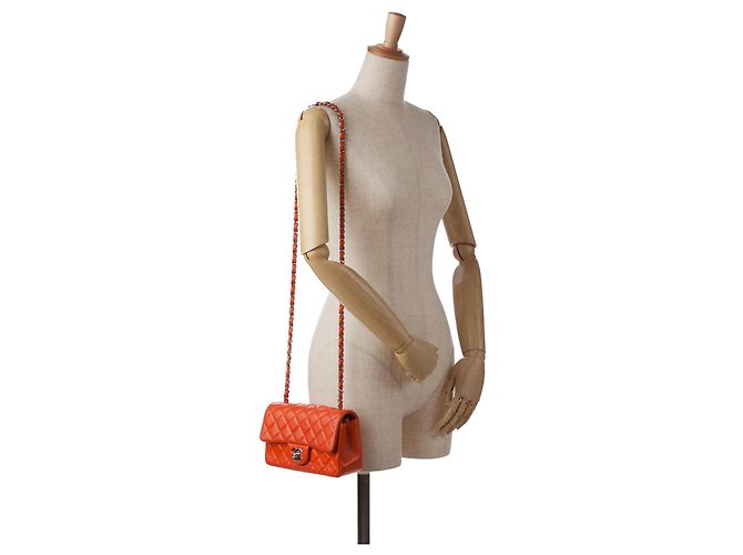 Borsa a tracolla Chanel Mini Rectangular Classic in agnello arancione con patta singola - vista 11